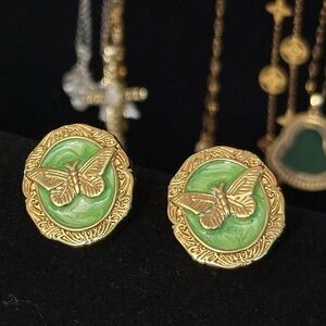 Vintage Style Gold and Green Butterfly Earrings